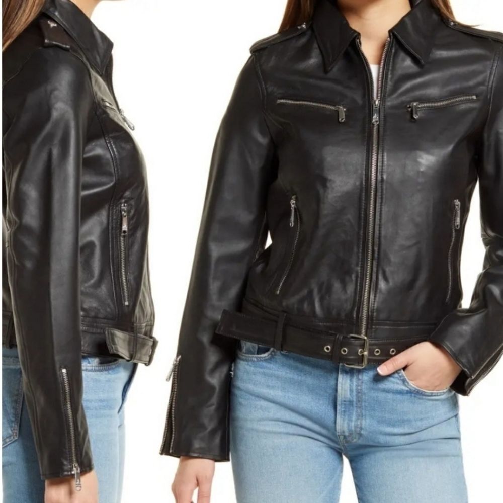 Sam Edelman Single Breasted Leather Moto Jacket in Black Size Small